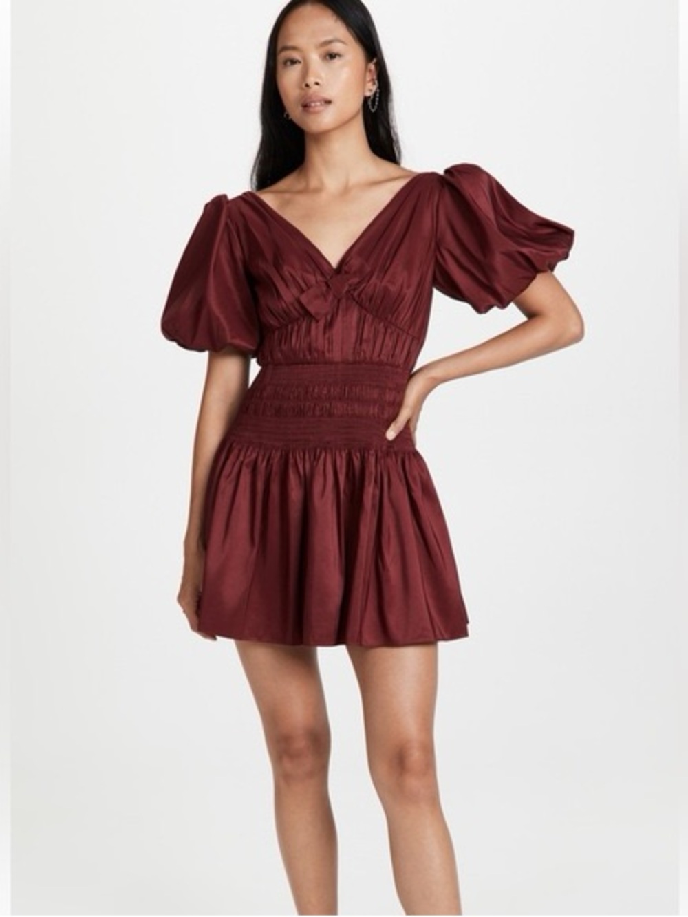 Self-Portrait Burgundy Puff-Sleeve V-Neck Mini Dress
